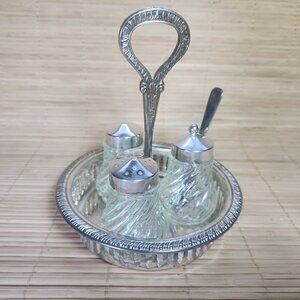 Glass Condiment Salt Pepper Sugar Set in Caddy Holder Glass Jars Sugar Scoop